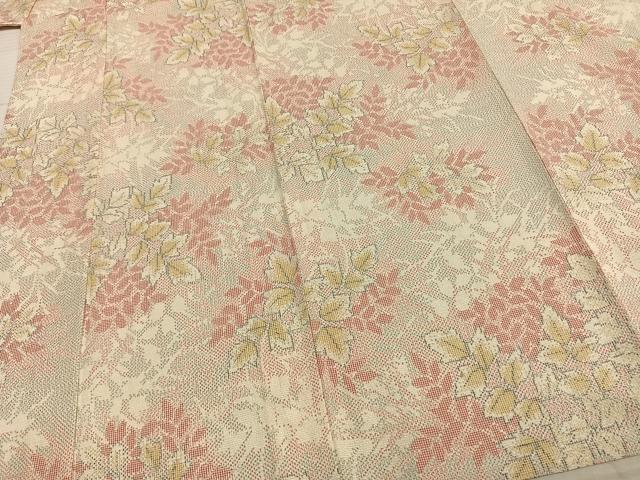 平和屋着物▽本塩沢 単衣 舞葉文 反端付き 正絹 逸品 AAAZ9429fy