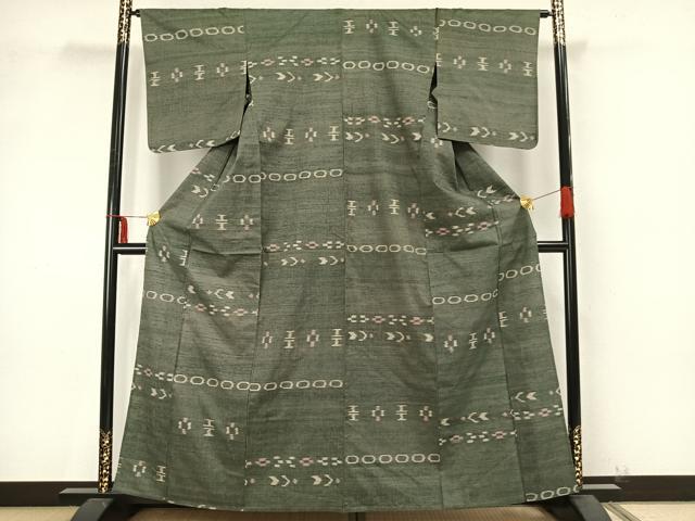 平和屋着物▽上質な紬 単衣 幾何学文様 正絹 逸品 AAAZ9432fy
