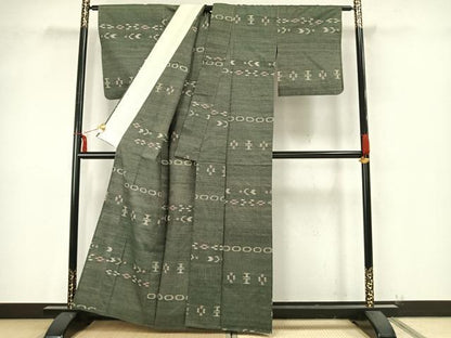 平和屋着物▽上質な紬 単衣 幾何学文様 正絹 逸品 AAAZ9432fy