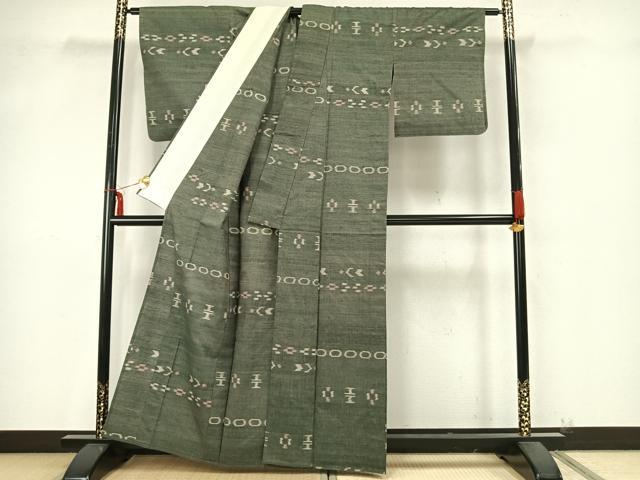 平和屋着物▽上質な紬 単衣 幾何学文様 正絹 逸品 AAAZ9432fy