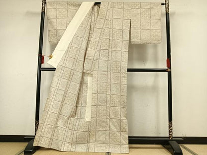 平和屋着物▽本場結城紬 重要無形文化財 単衣 100亀甲 色紙草花文 正絹 逸品 AAAZ9434fy