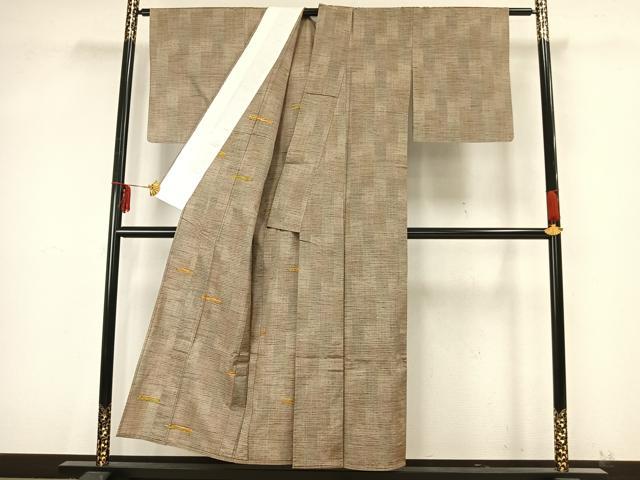 平和屋着物▽手織紅彩紬 単衣 花織 幾何学文様 反端付き 正絹 逸品 AAAZ9437fy