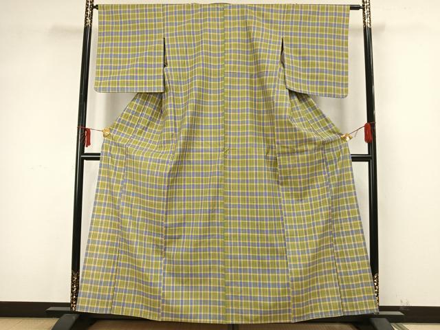 平和屋着物▽上質な紬 単衣 格子 正絹 逸品 AAAZ9439fy