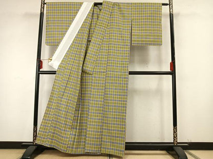 平和屋着物▽上質な紬 単衣 格子 正絹 逸品 AAAZ9439fy