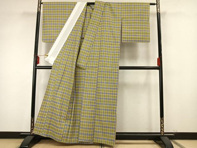 平和屋着物▽上質な紬 単衣 格子 正絹 逸品 AAAZ9439fy