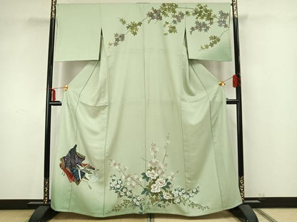 平和屋着物▽訪問着 単衣 手描き 人物草花文 金銀彩 正絹 逸品 AAAZ9440fy