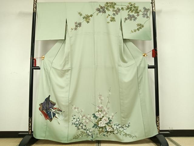 平和屋着物▽訪問着 単衣 手描き 人物草花文 金銀彩 正絹 逸品 AAAZ9440fy