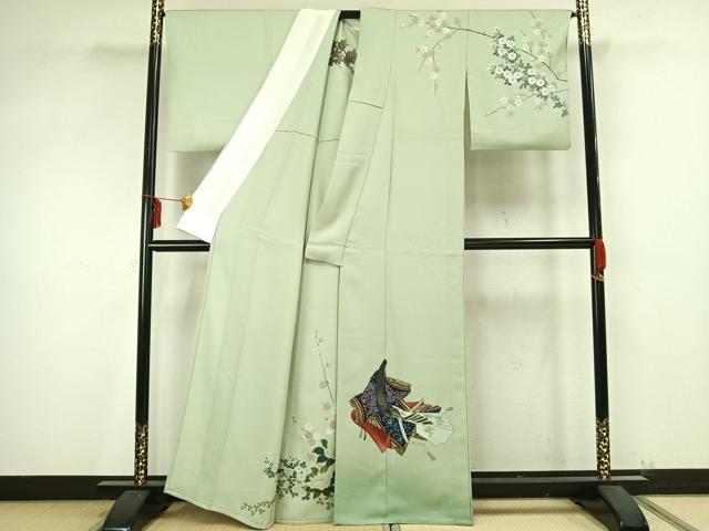 平和屋着物▽訪問着 単衣 手描き 人物草花文 金銀彩 正絹 逸品 AAAZ9440fy