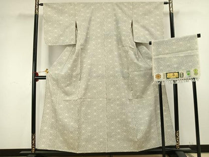 平和屋着物▽お召 単衣 麻の葉文様 反端付き 正絹 逸品 AAAZ9441fy