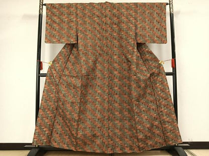平和屋着物▽上質な紬　単衣　幾何学文　正絹　逸品　AAAZ9474fy