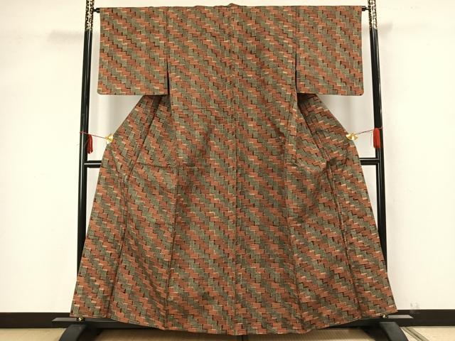 平和屋着物▽上質な紬　単衣　幾何学文　正絹　逸品　AAAZ9474fy