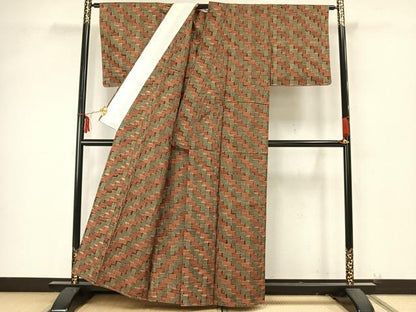 平和屋着物▽上質な紬　単衣　幾何学文　正絹　逸品　AAAZ9474fy