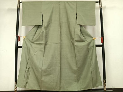 平和屋着物▽上質な紬　単衣　色無地　若葉色　正絹　逸品　AAAZ9478fy