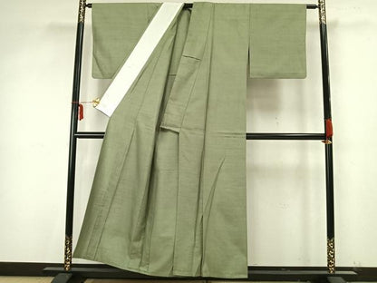 平和屋着物▽上質な紬　単衣　色無地　若葉色　正絹　逸品　AAAZ9478fy