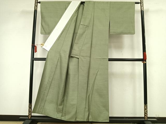 平和屋着物▽上質な紬　単衣　色無地　若葉色　正絹　逸品　AAAZ9478fy