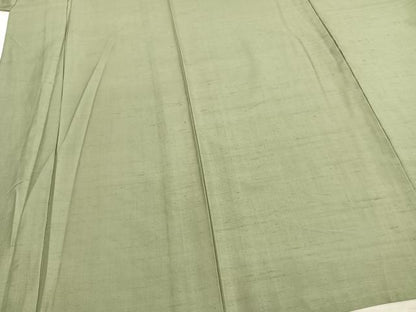 平和屋着物▽上質な紬　単衣　色無地　若葉色　正絹　逸品　AAAZ9478fy