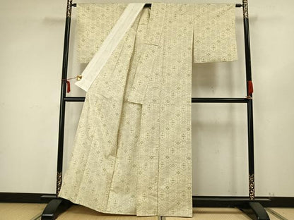 平和屋着物▽上質な紬 単衣 幾何学花文 正絹 逸品 AAAZ9480fy