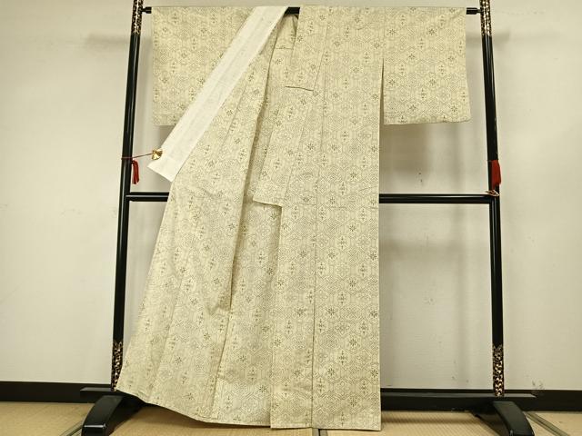 平和屋着物▽上質な紬 単衣 幾何学花文 正絹 逸品 AAAZ9480fy