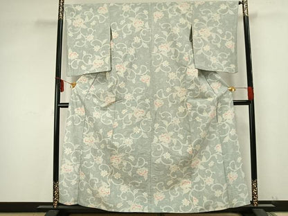 平和屋着物▽上質な紬 単衣 花唐草文 正絹 逸品 AAAZ9484fy