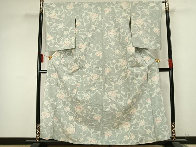 平和屋着物▽上質な紬 単衣 花唐草文 正絹 逸品 AAAZ9484fy