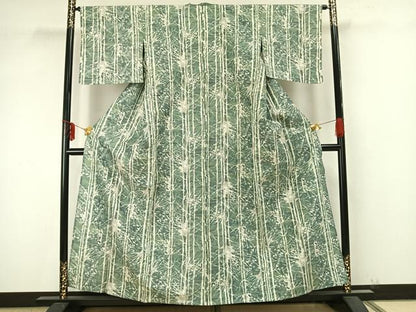 平和屋着物▽上質な紬 単衣 草葉文 正絹 逸品 AAAZ9488fy