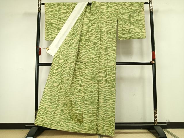 平和屋着物▽上質な紬 単衣 草葉文 正絹 逸品 AAAZ9489fy