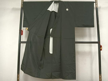 平和屋着物▽男性 黒紋付 単衣 紬地 正絹 逸品 AAAZ9492fy