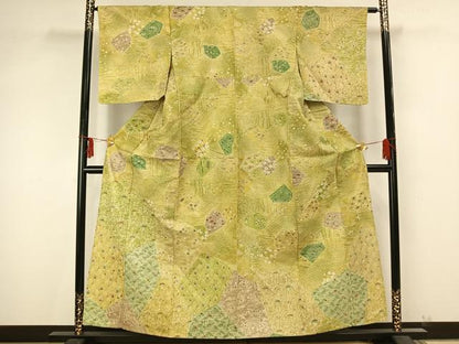 平和屋着物▽訪問着 単衣 紬地 型染め 切嵌花文 正絹 逸品 AAAZ9497fy