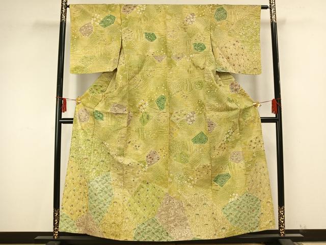 平和屋着物▽訪問着 単衣 紬地 型染め 切嵌花文 正絹 逸品 AAAZ9497fy