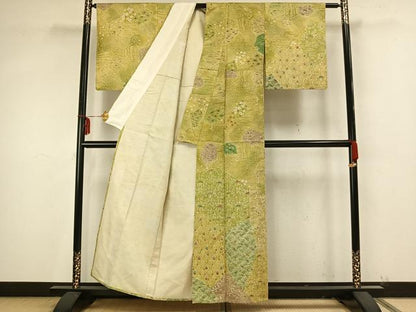 平和屋着物▽訪問着 単衣 紬地 型染め 切嵌花文 正絹 逸品 AAAZ9497fy