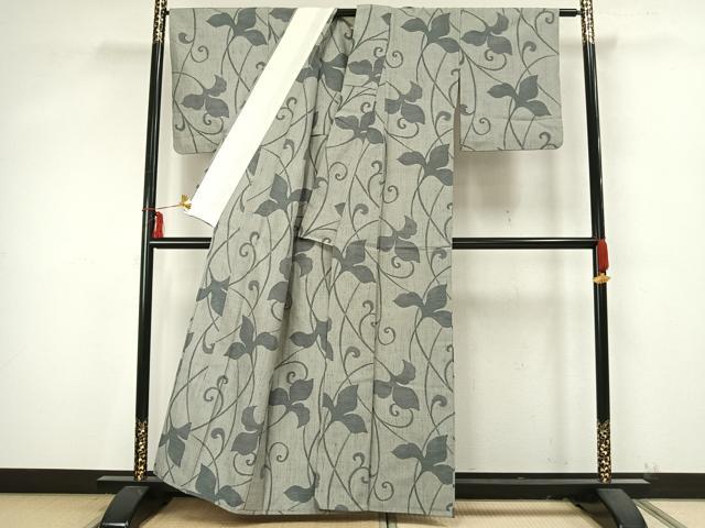 平和屋着物▽上質な紬 単衣 唐草文 正絹 逸品 AAAZ9498fy