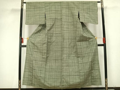 平和屋着物▽上質な紬 単衣 格子 正絹 逸品 AAAZ9499fy