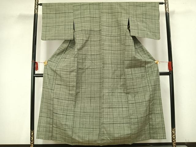 平和屋着物▽上質な紬 単衣 格子 正絹 逸品 AAAZ9499fy