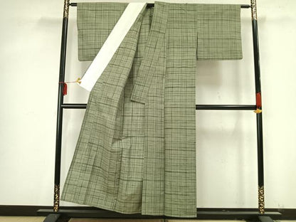 平和屋着物▽上質な紬 単衣 格子 正絹 逸品 AAAZ9499fy