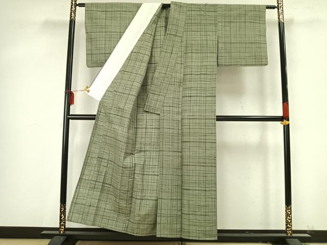 平和屋着物▽上質な紬 単衣 格子 正絹 逸品 AAAZ9499fy