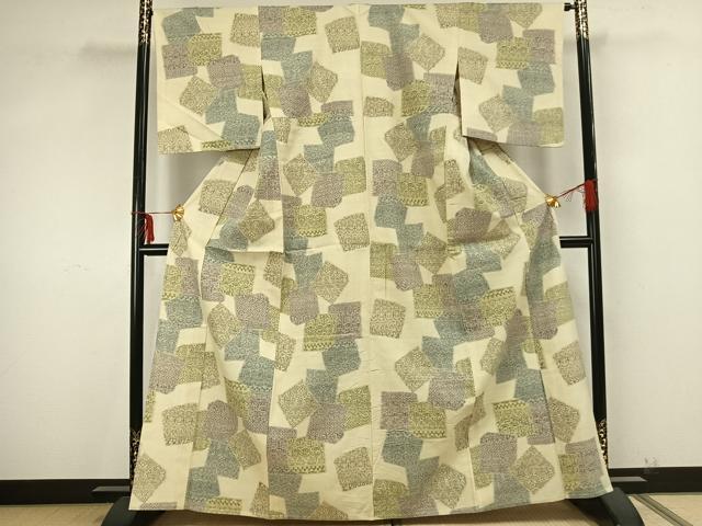 平和屋着物▽本場結城紬 重要無形文化財 単衣 100亀甲 色紙重ね花文 正絹 逸品 AAAZ9503fy