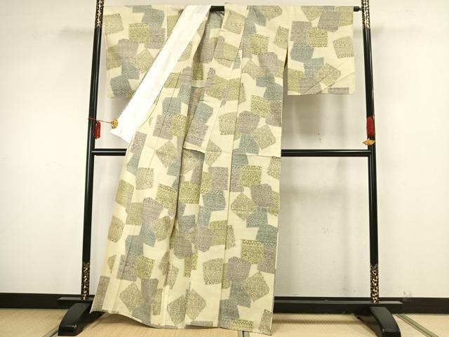 平和屋着物▽本場結城紬 重要無形文化財 単衣 100亀甲 色紙重ね花文 正絹 逸品 AAAZ9503fy