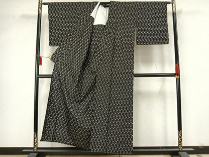 平和屋着物▽上質な紬 単衣 十字絣 黒地 正絹 逸品 AAAZ9509fy