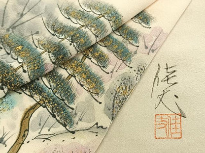 平和屋着物▽訪問着 単衣 作家物 手描き 風景文 金彩 正絹 逸品 AAAZ9517fy