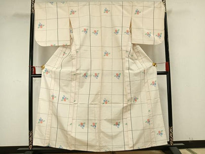 平和屋着物▽上質な紬　単衣　格子草花文　正絹　逸品　AAAZ9518fy
