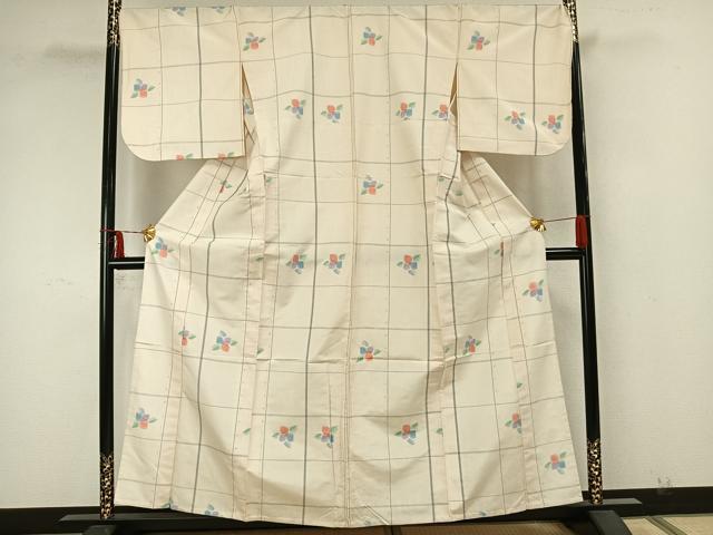 平和屋着物▽上質な紬　単衣　格子草花文　正絹　逸品　AAAZ9518fy