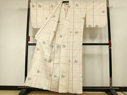 平和屋着物▽上質な紬　単衣　格子草花文　正絹　逸品　AAAZ9518fy