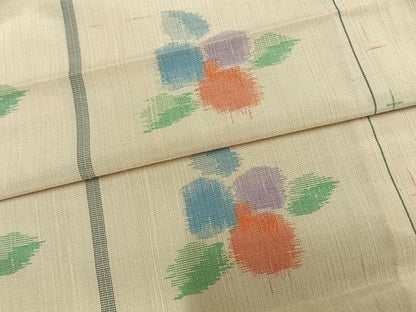 平和屋着物▽上質な紬　単衣　格子草花文　正絹　逸品　AAAZ9518fy