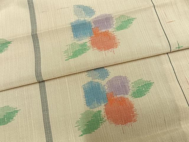 平和屋着物▽上質な紬　単衣　格子草花文　正絹　逸品　AAAZ9518fy