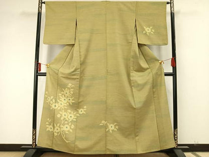 平和屋着物▽訪問着 単衣 紬地 草花文 正絹 逸品 AAAZ9519fy
