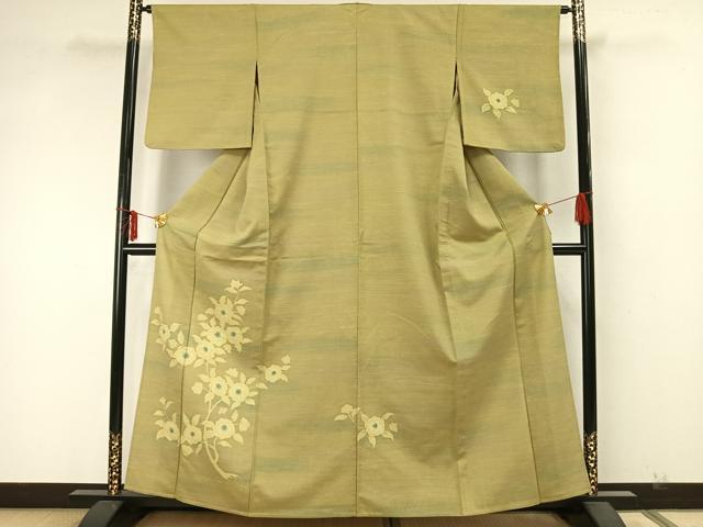 平和屋着物▽訪問着 単衣 紬地 草花文 正絹 逸品 AAAZ9519fy
