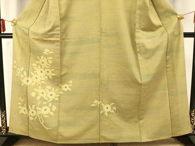 平和屋着物▽訪問着 単衣 紬地 草花文 正絹 逸品 AAAZ9519fy