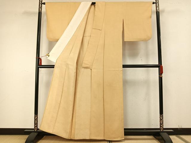 平和屋着物▽上質な色無地　単衣　葉づくし　蜂蜜色　正絹　逸品　AAAZ9521fy