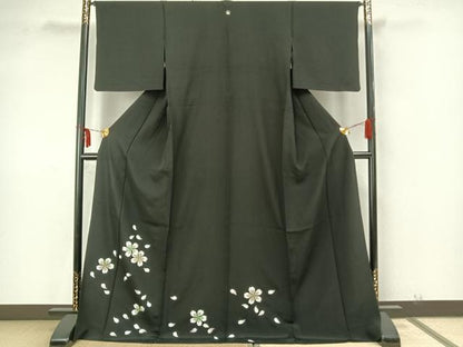 平和屋着物▽訪問着 単衣 舞桜文 黒地 ロング丈 正絹 逸品 AAAZ9525fy