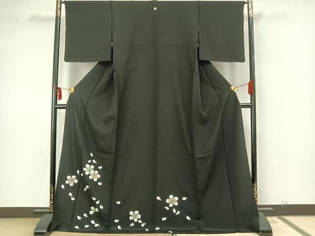 平和屋着物▽訪問着 単衣 舞桜文 黒地 ロング丈 正絹 逸品 AAAZ9525fy